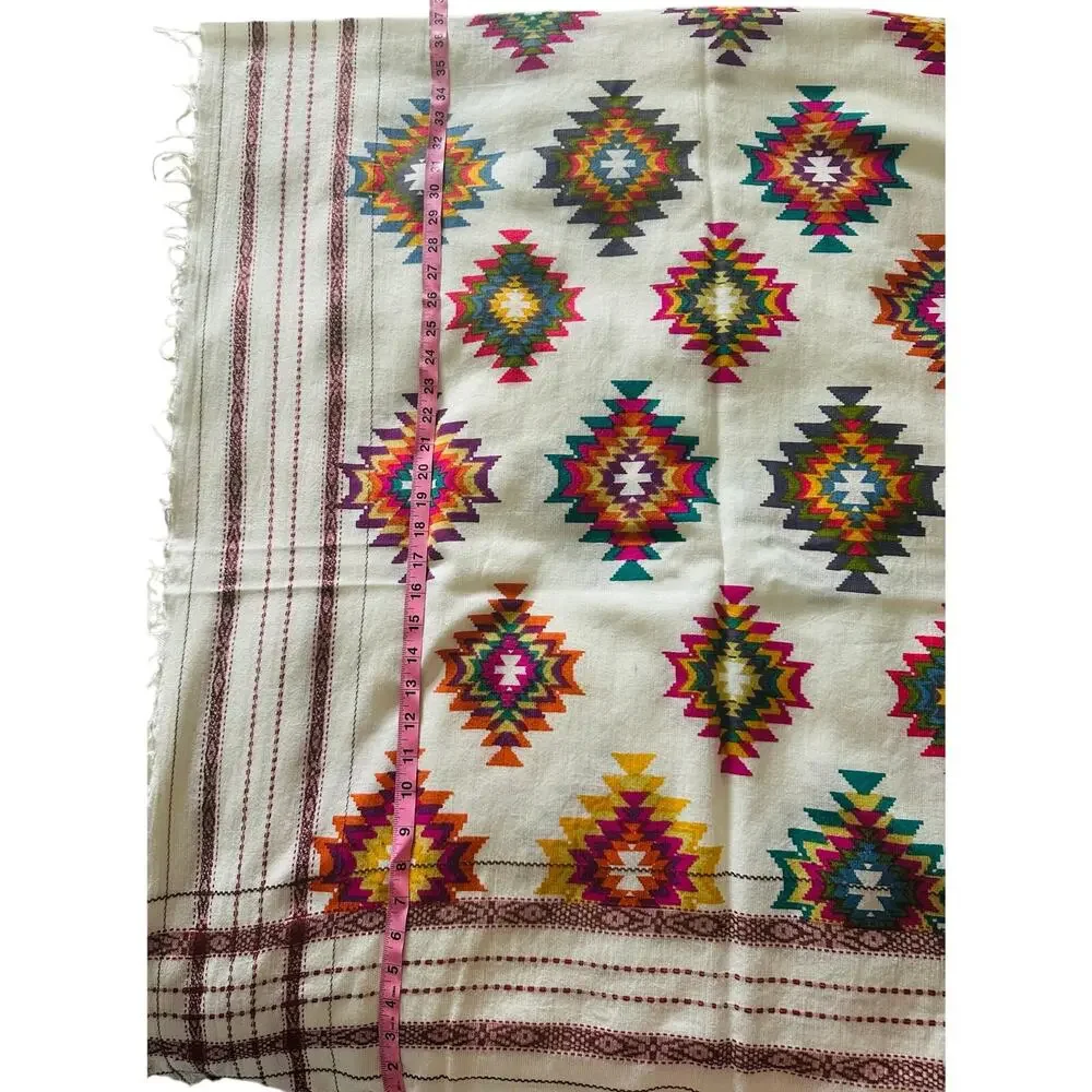 Vismaya White Multi-Color Geometric Aztec Fringe Shawl Scarf Wrap